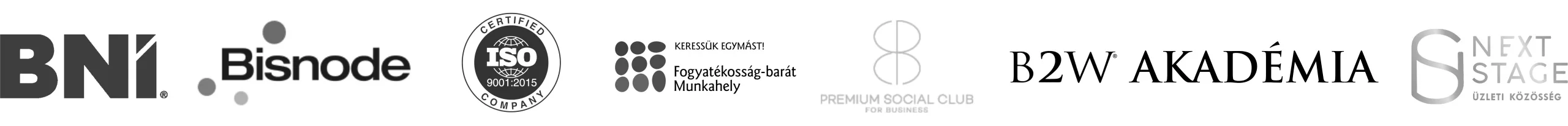 BNI, Bisnode, ISO 9001:2015, Fogyatékosság-barát Munkahely, Premium Social Club, B2W Akadémia, Next Stage
